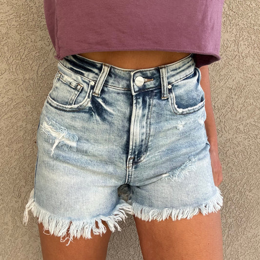 High Rise Frayed Hem Shorts Light Wash