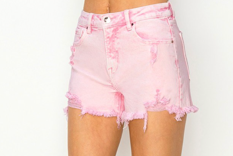 Acid Wash Mid Rise Pink Denim Shorts